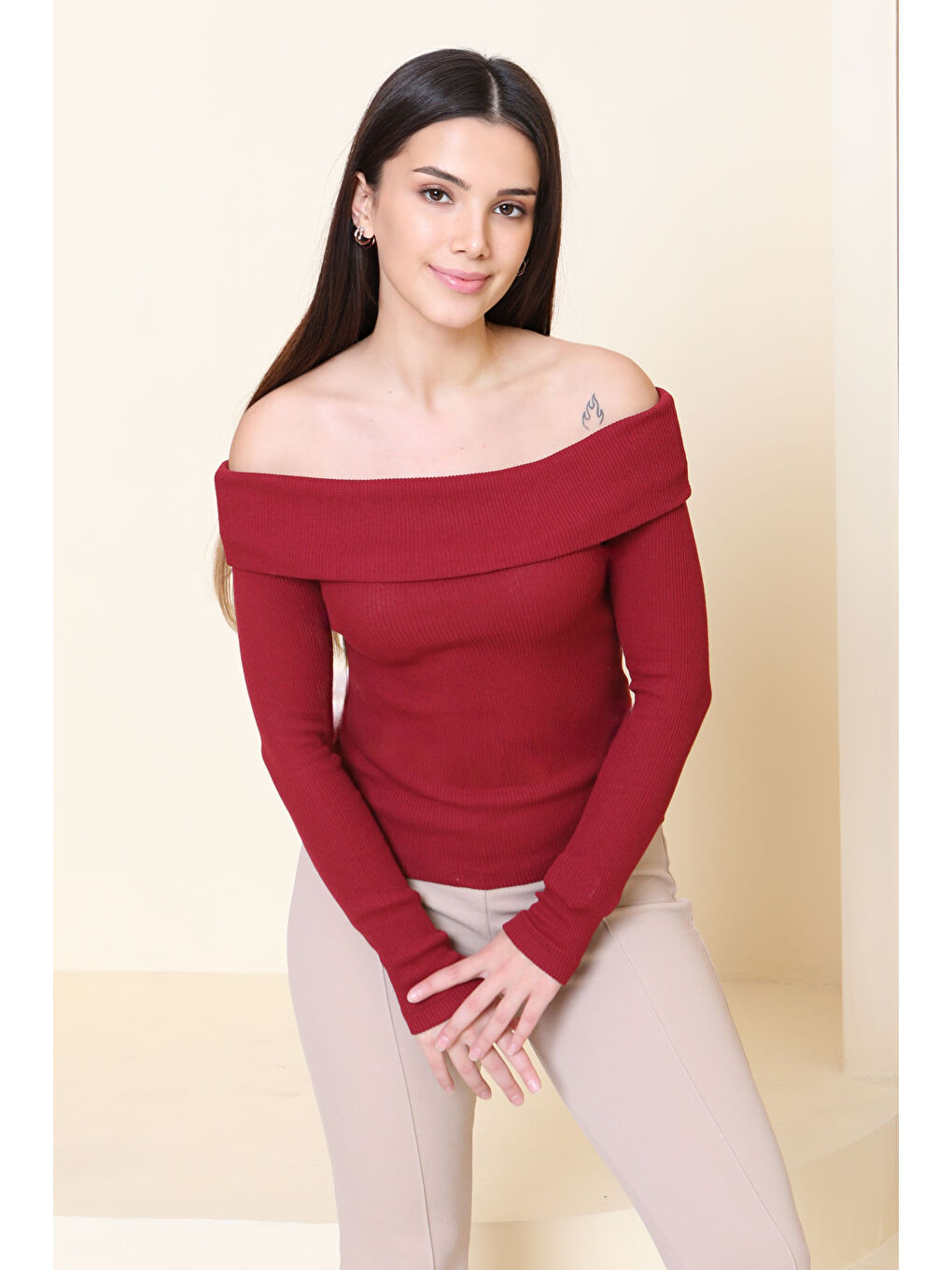 Madonna Yaka Kaşkorse Uzun kollu Bluz Bordo - 27897-BORDO