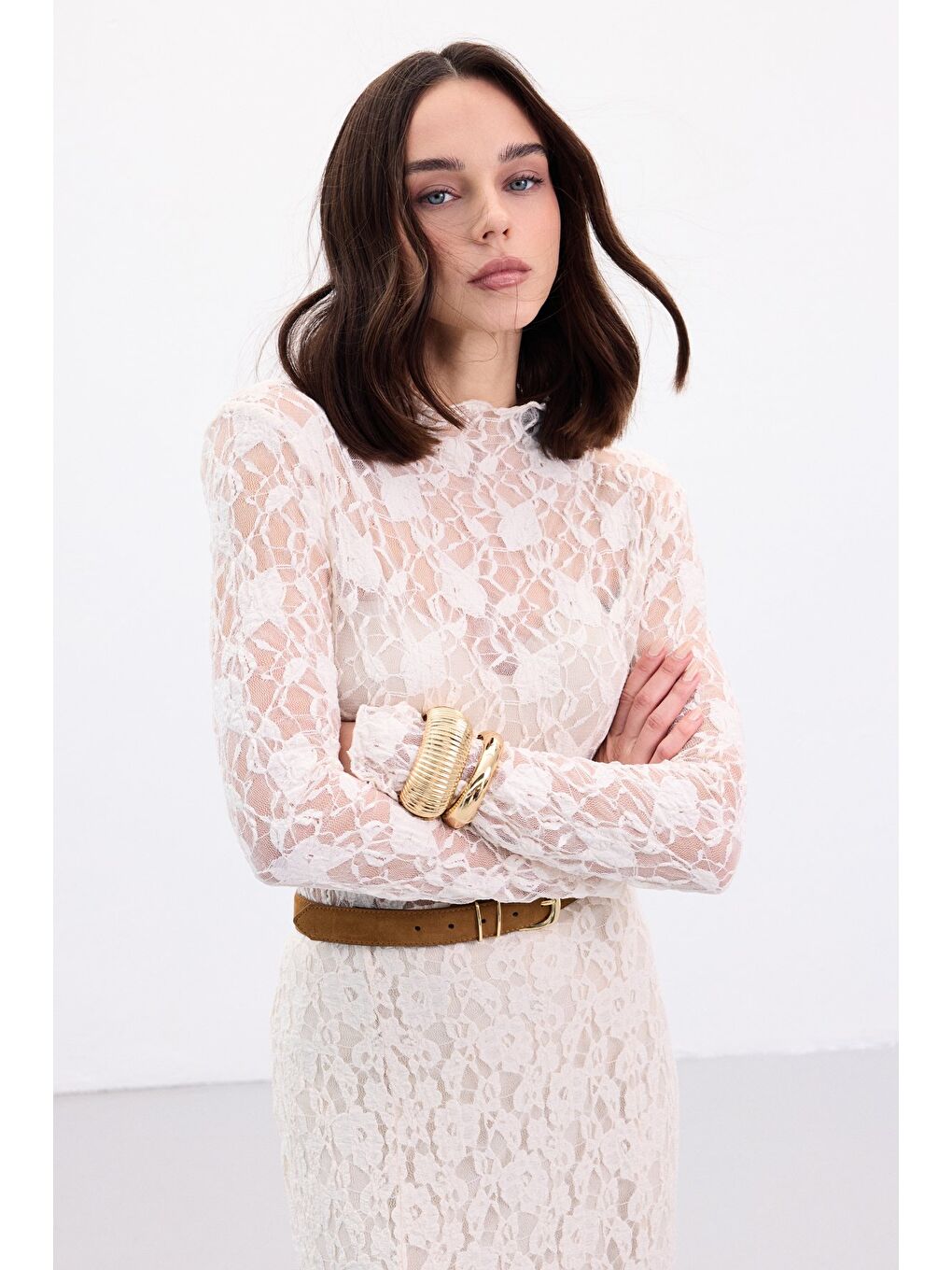 Transparan Dantel Bluz - Bej-5