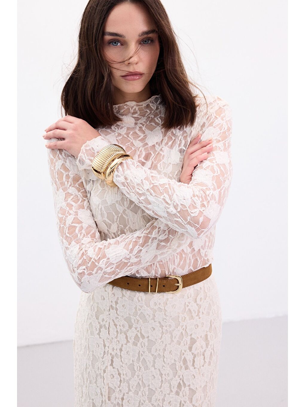 Transparan Dantel Bluz - Bej-6