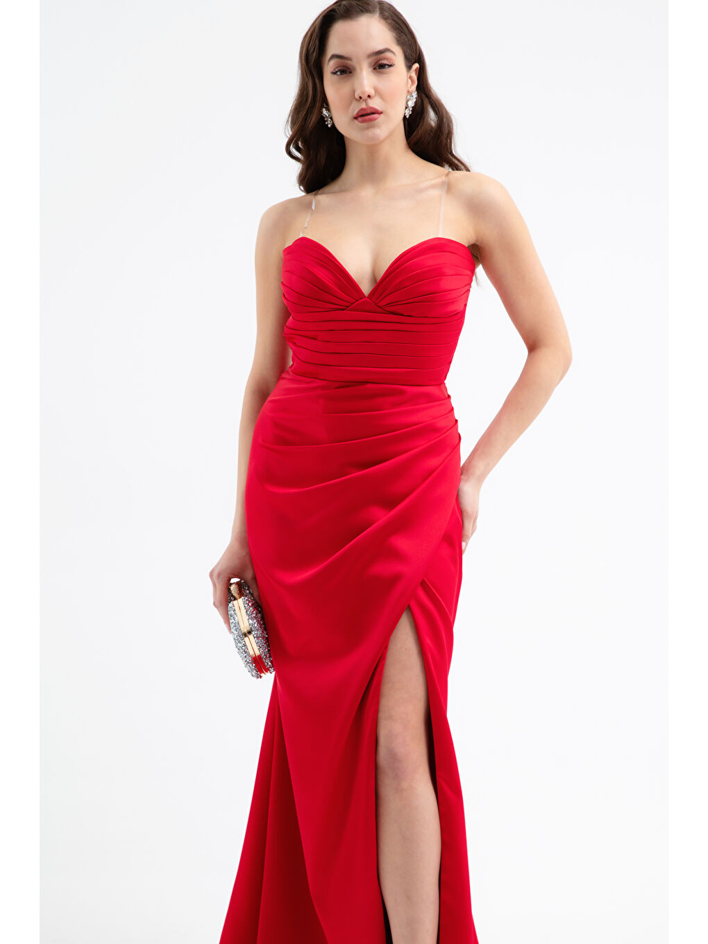 Kadın Kırmızı Straplez Yaka Saten Uzun Abiye Elbise-1
