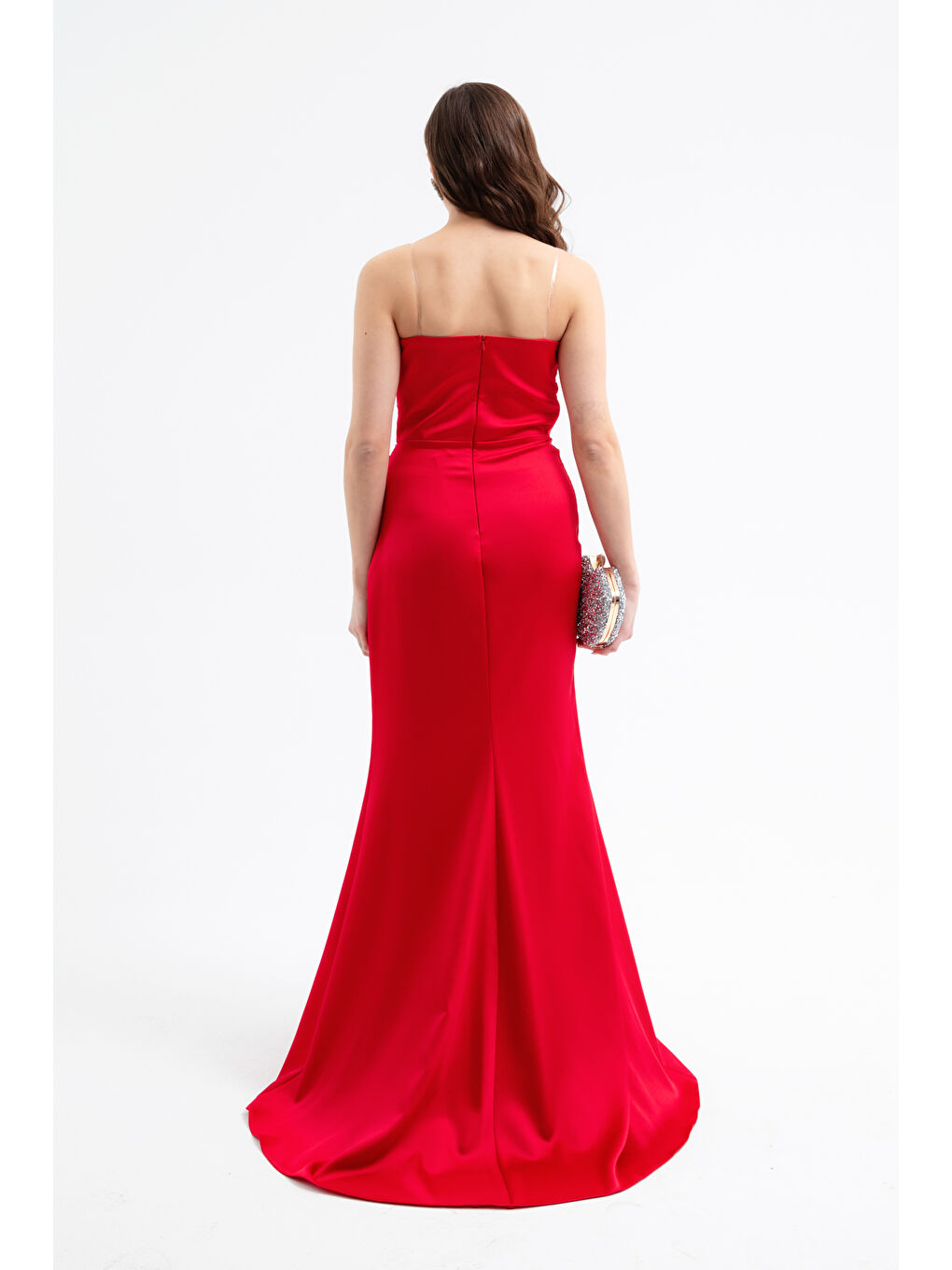 Kadın Kırmızı Straplez Yaka Saten Uzun Abiye Elbise-4