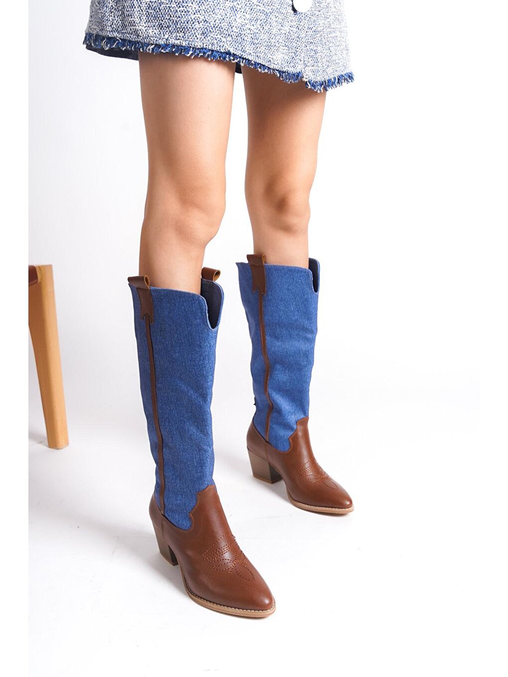 Mavi Uzun Western Kovboy Stili Kadın Çizme-2