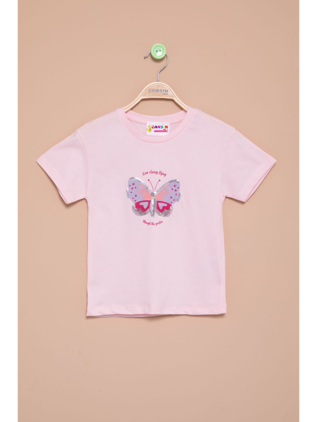 Pembe Kelebek Baskılı Payetli Kız Çocuk Tişört 20998