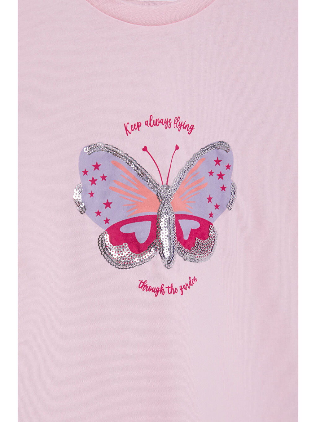 Pembe Kelebek Baskılı Payetli Kız Çocuk Tişört 20998-1