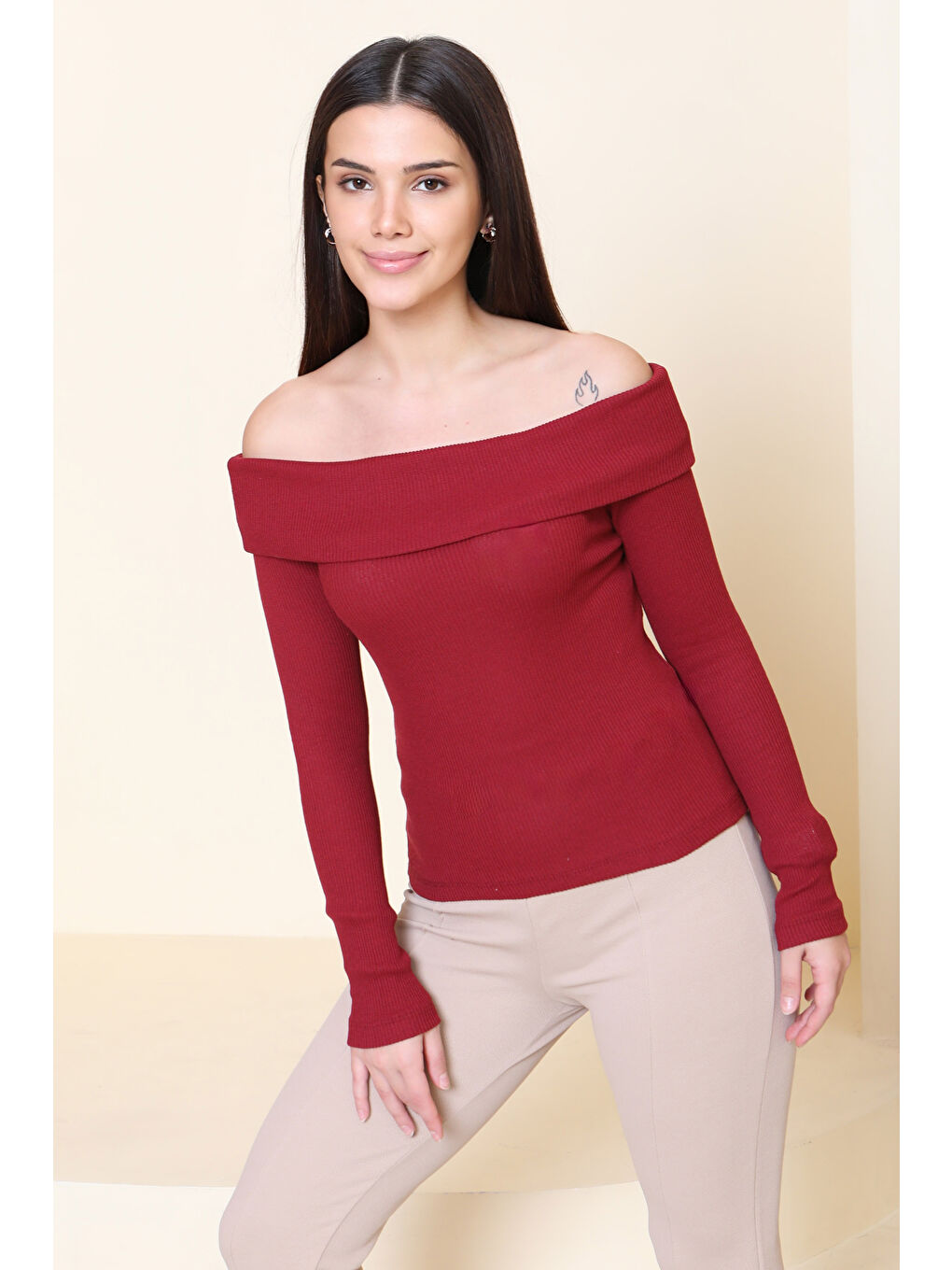 Madonna Yaka Kaşkorse Uzun kollu Bluz Bordo - 27897-BORDO-1