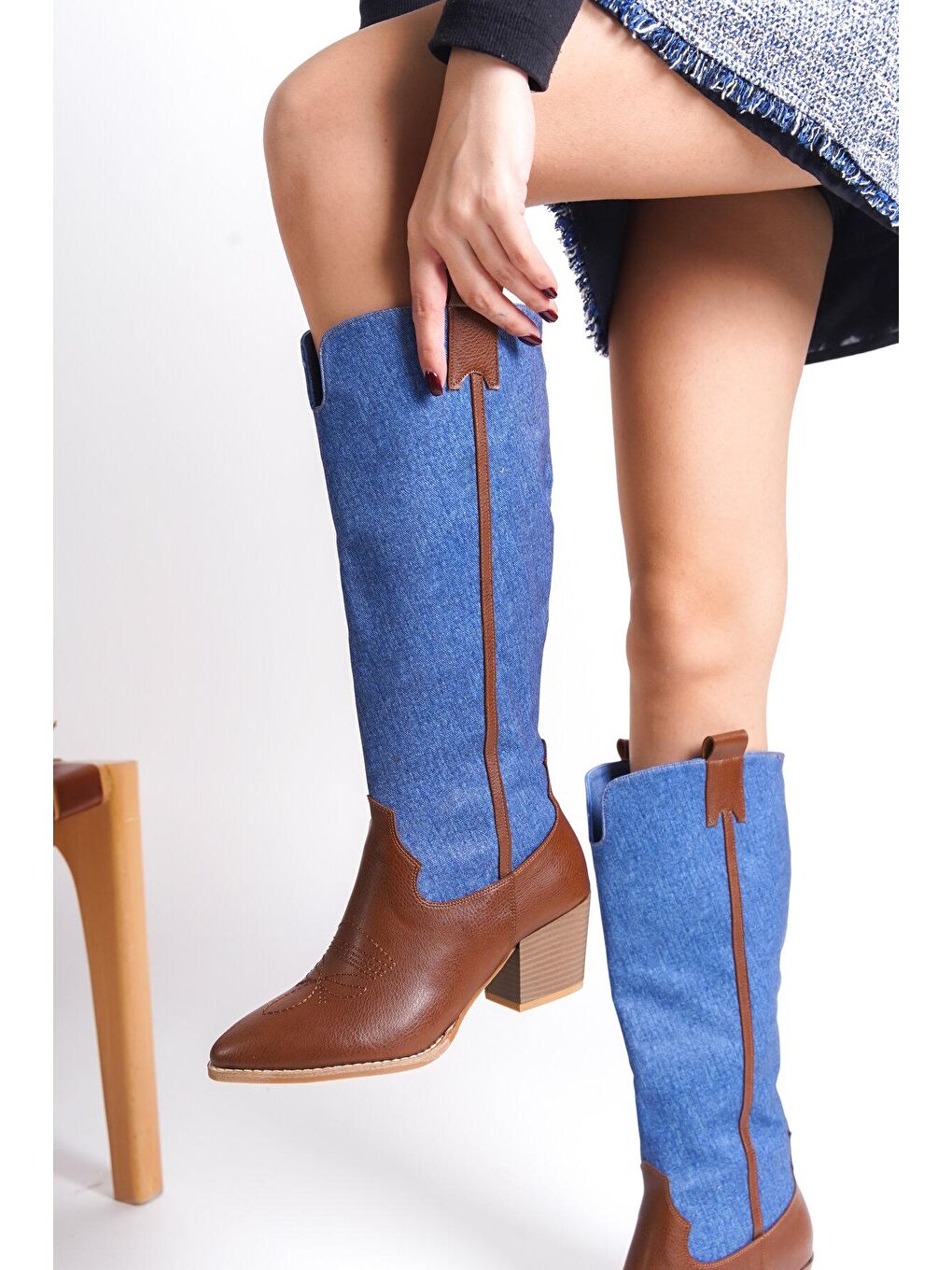 Mavi Uzun Western Kovboy Stili Kadın Çizme-3