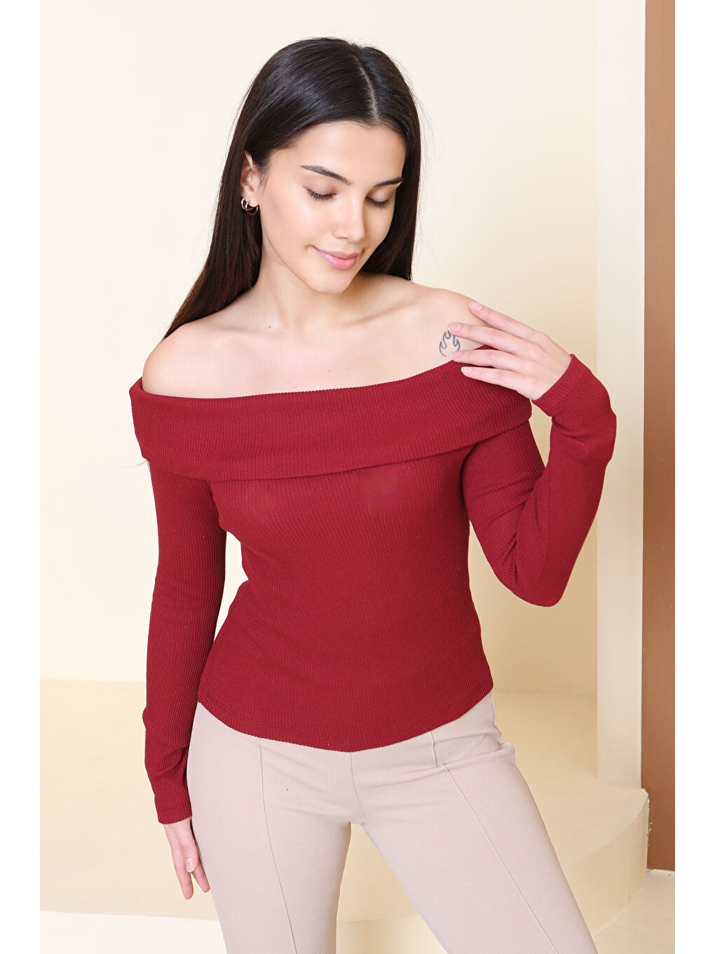 Madonna Yaka Kaşkorse Uzun kollu Bluz Bordo - 27897-BORDO-2