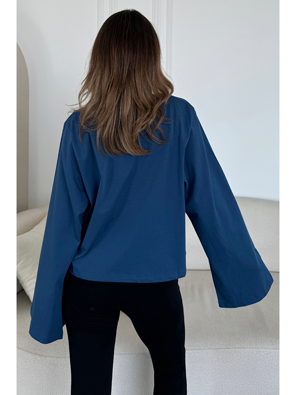 Lila Geniş Kol Oversize 2'Li Paket T-Shirt 965 İndigo/Ekru-8