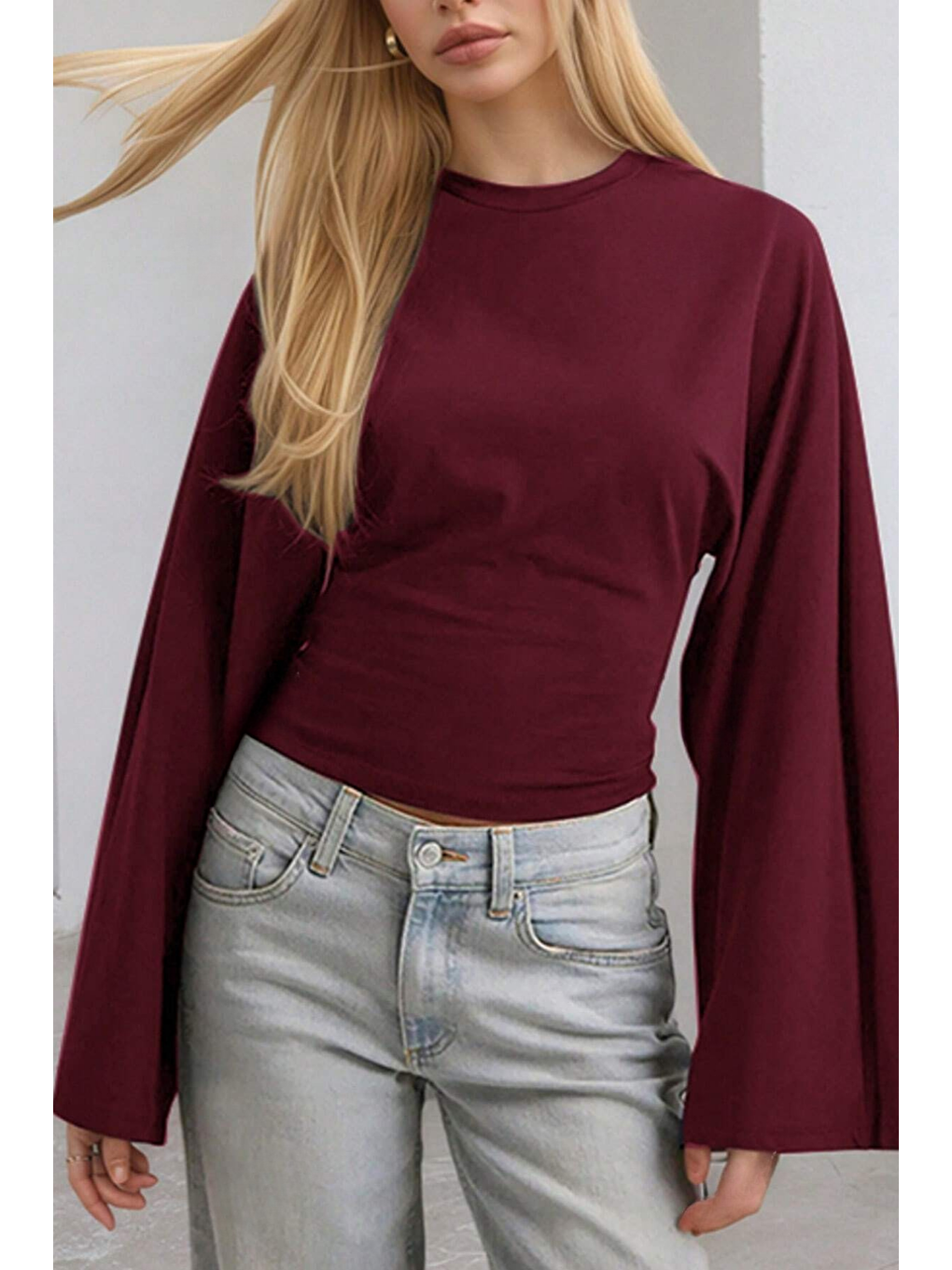 Bordo Kadın Uzun Kollu Belden Oturtmalı Bluz-1