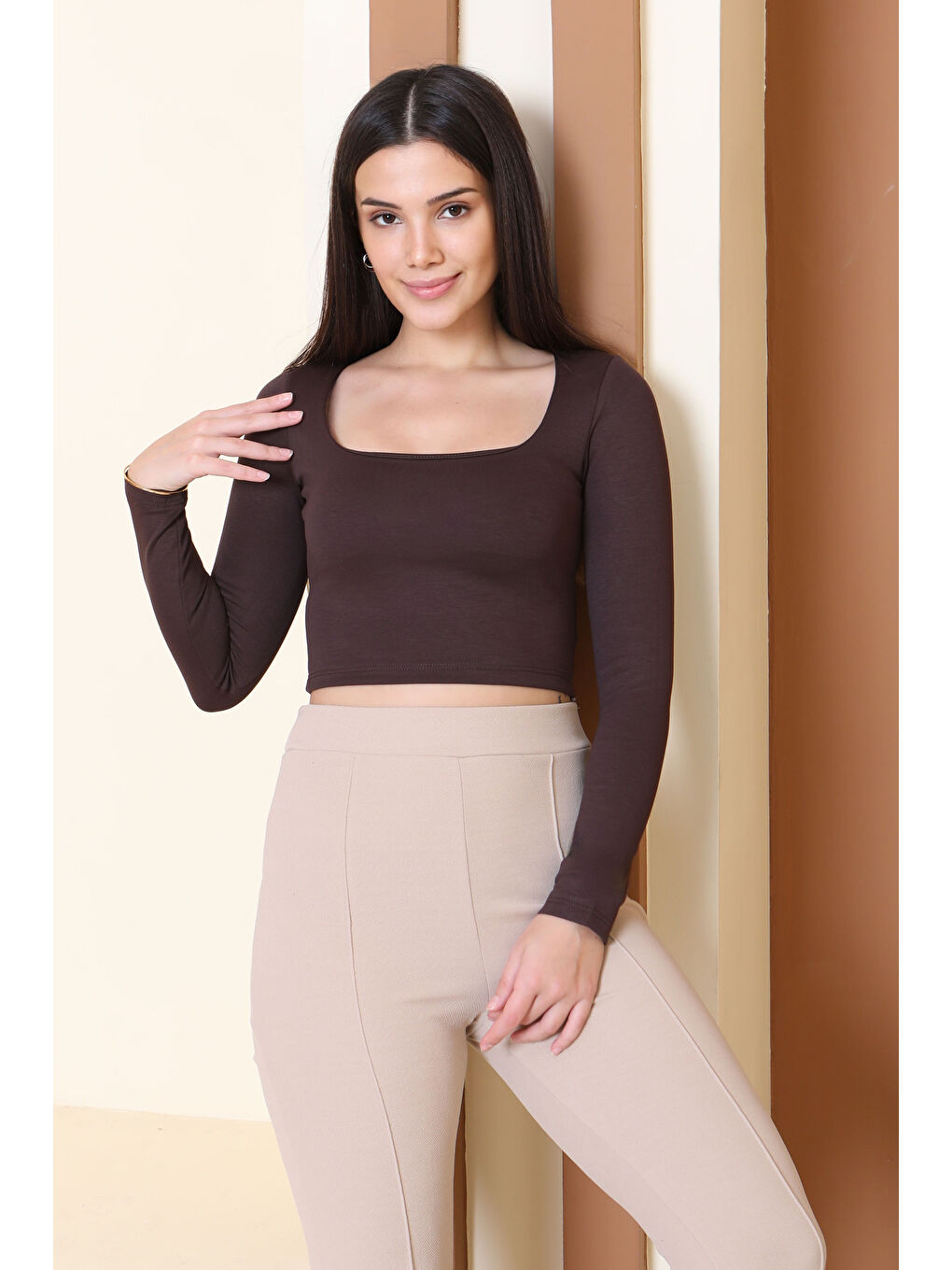 Kahverengi Kare Yaka Modal Crop Kahve - 27953-KAHVE-2