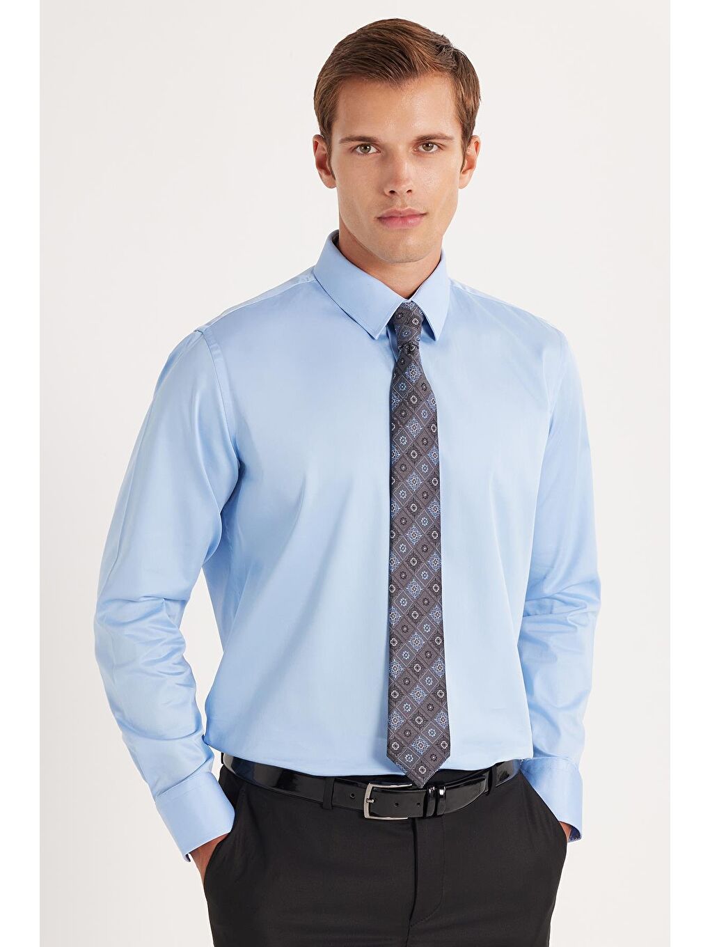 Erkek Slim Fit  Premium Elastanlı Pamuk Saten Mavi Gömlek