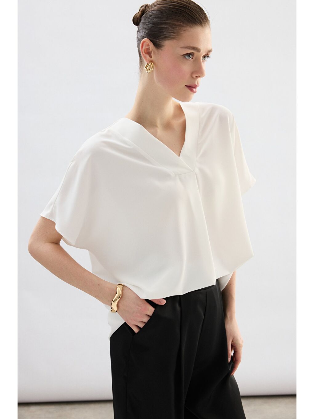 Geniş Kısa Kollu Bluz - Ekru