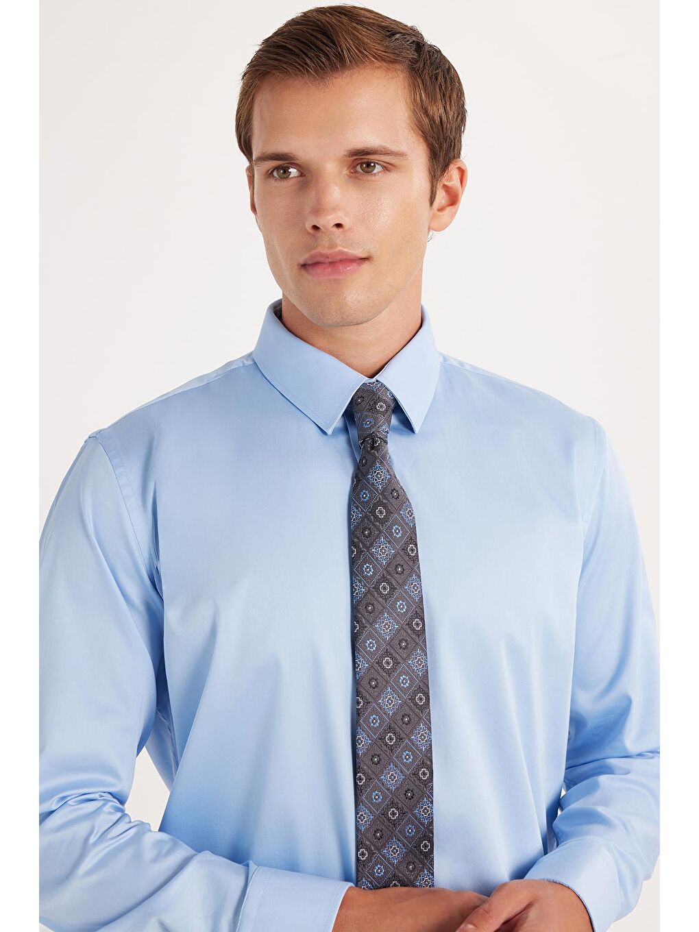 Erkek Slim Fit  Premium Elastanlı Pamuk Saten Mavi Gömlek-1