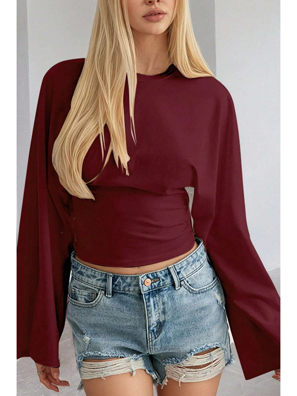 Bordo Kadın Uzun Kollu Belden Oturtmalı Bluz-2
