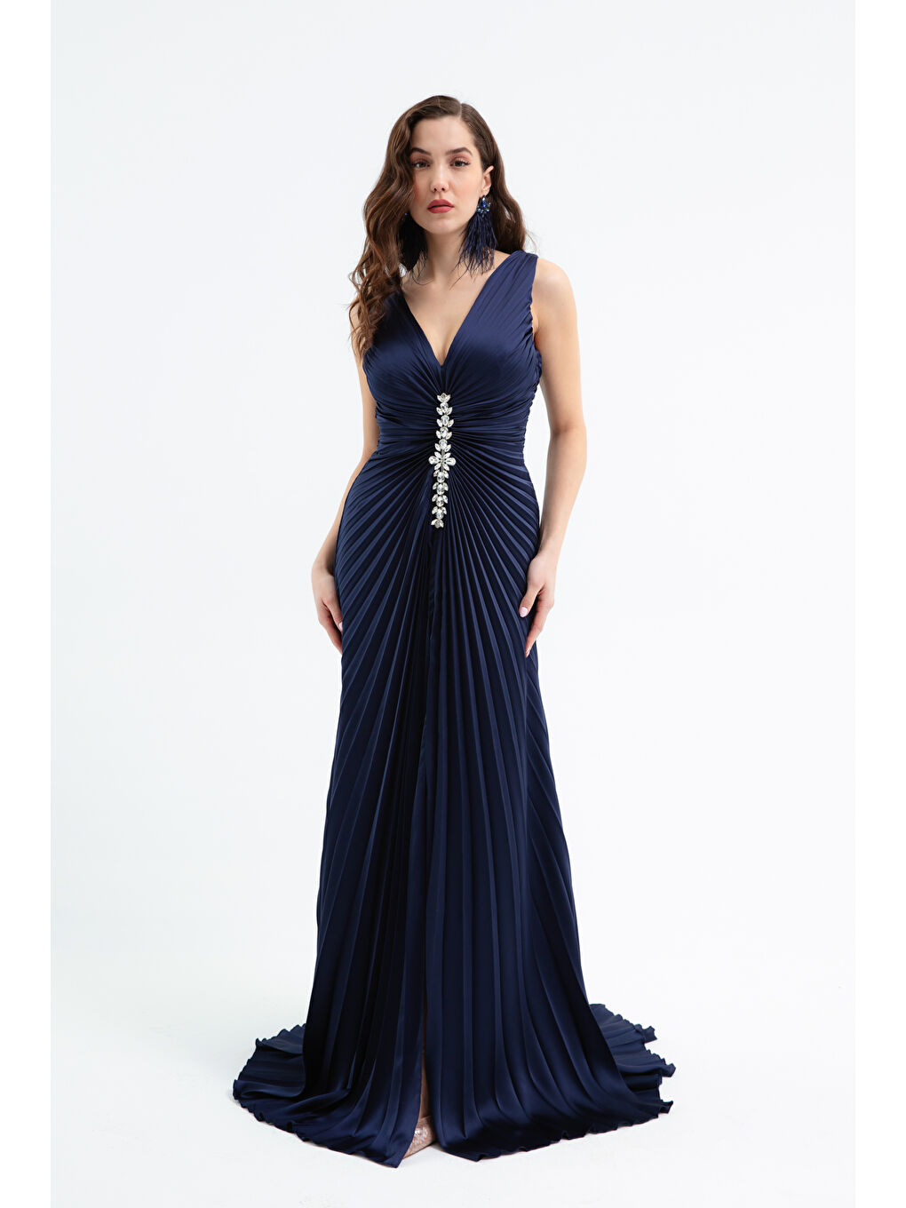 Kadın Lacivert Taşlı Pilise Detaylı Uzun Abiye Elbise-2