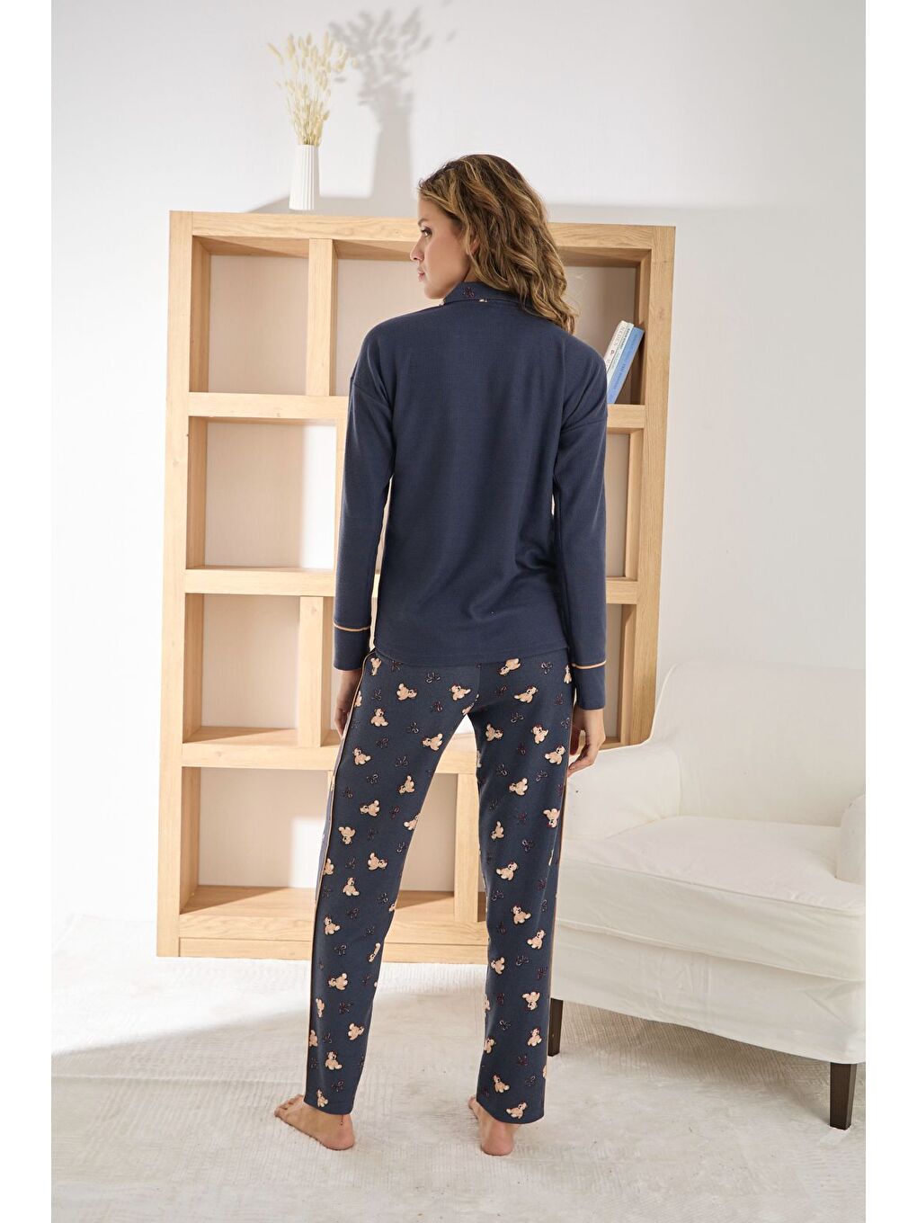 Lacivert Kadın Desenli Gömlek Yaka Düğmeli Uzun Kollu Desenli Waffle Kumaş Yüksek Kalite Pijama Takımı-2