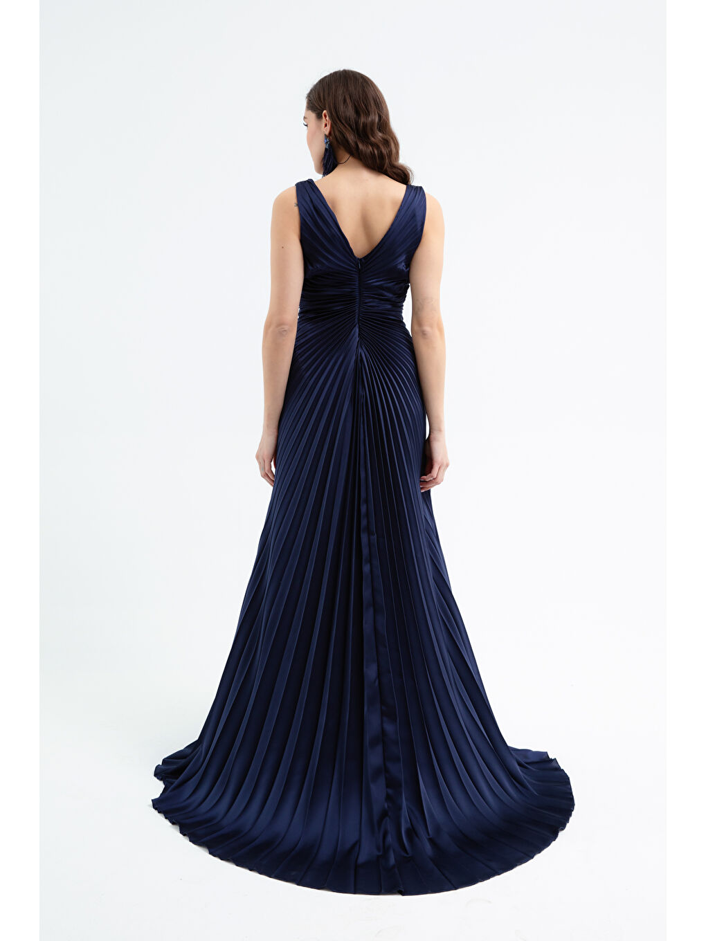 Kadın Lacivert Taşlı Pilise Detaylı Uzun Abiye Elbise-4