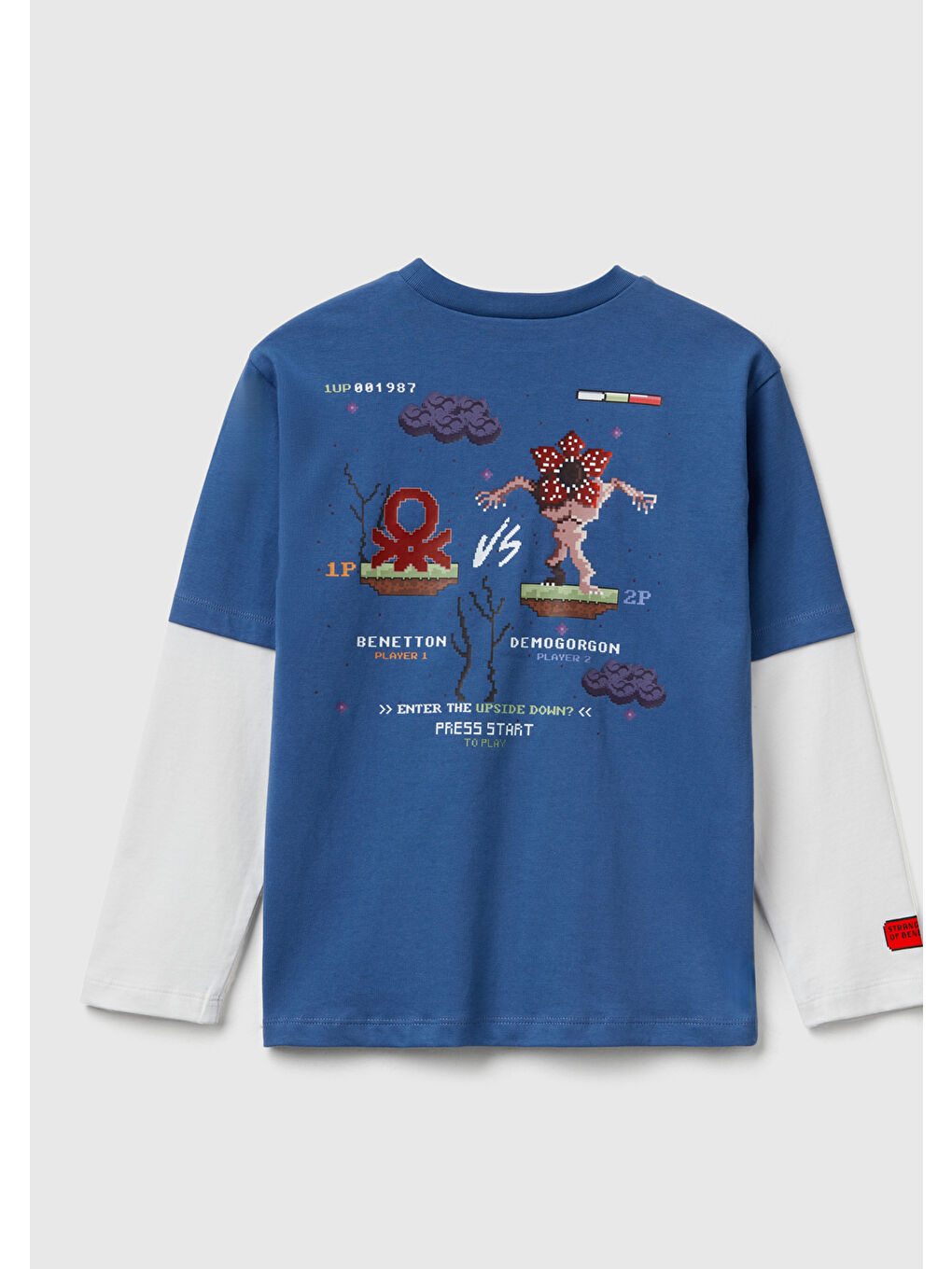 Erkek Çocuk Mavi %100 Pamuk Stranger Things Çift Kollu Baskılı Uzun Kollu T-Shirt-1