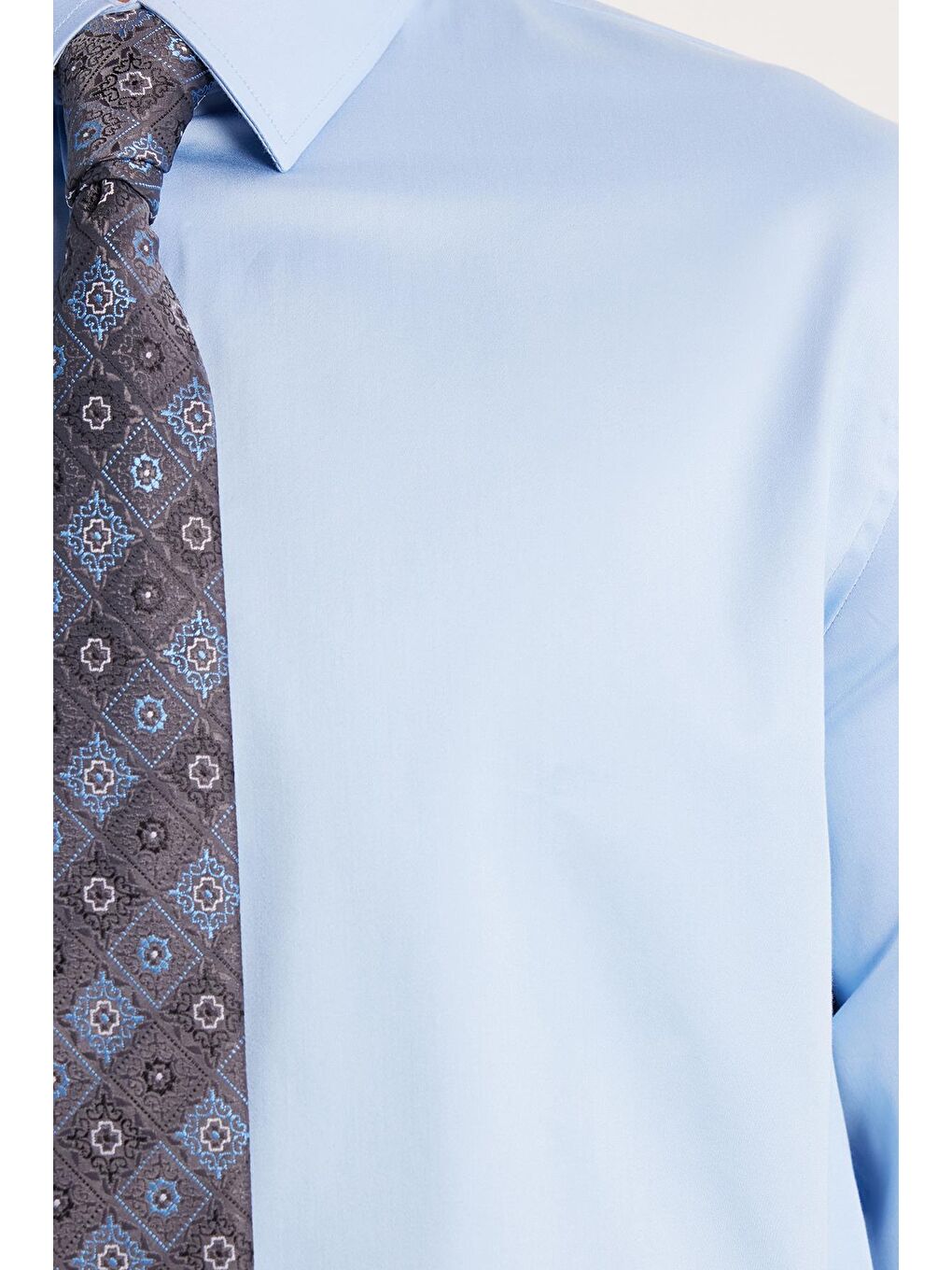 Erkek Slim Fit  Premium Elastanlı Pamuk Saten Mavi Gömlek-2