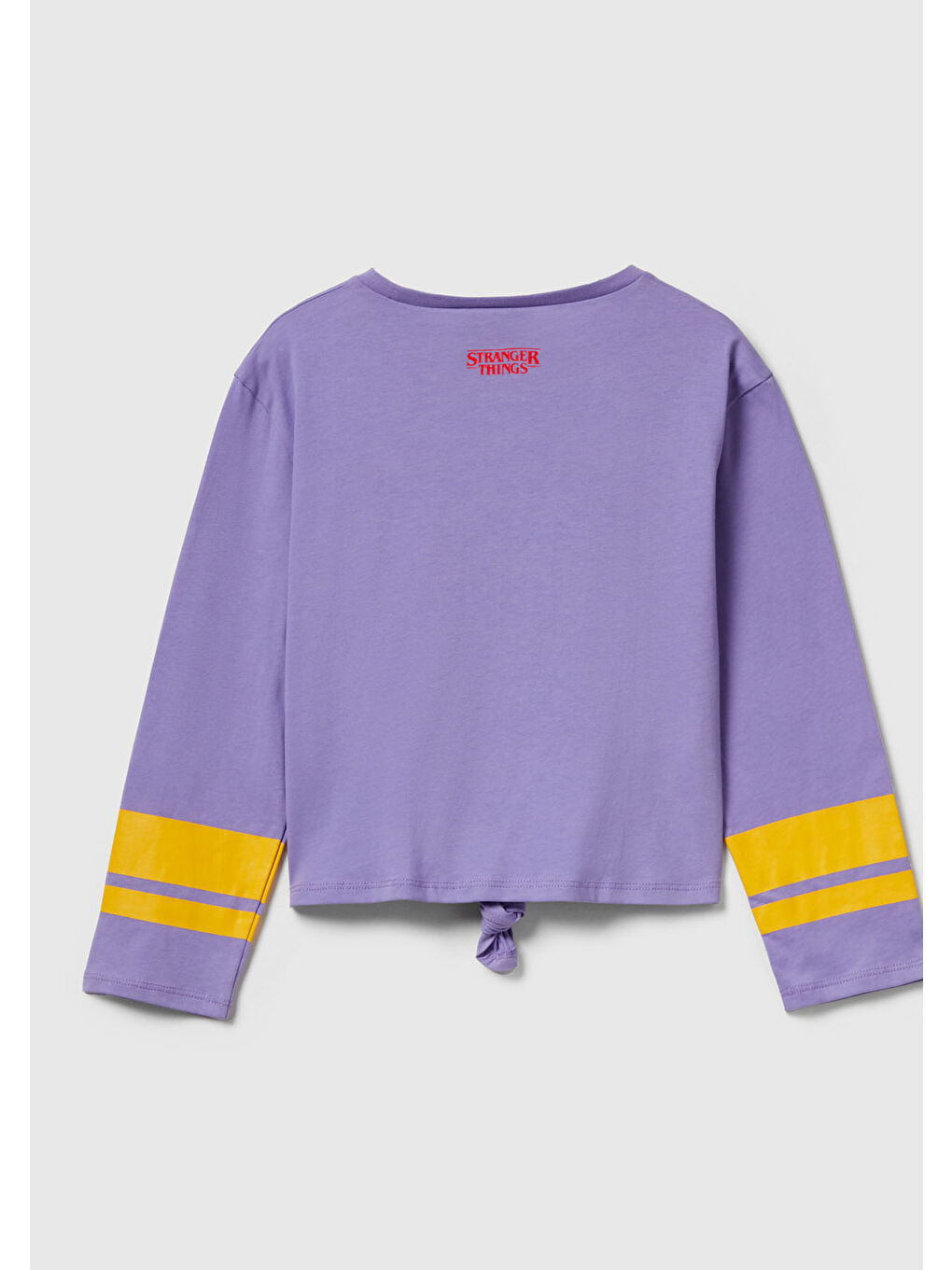 Kız Çocuk Lila %100 Pamuk Stranger Things Ön Düğüm Detaylı Kol Şerit Baskılı T-Shirt-1
