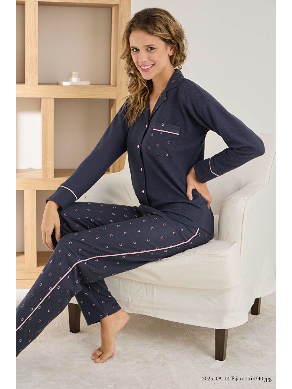 Mavi Kadın Desenli Gömlek Yaka Düğmeli Uzun Kollu Desenli Waffle Kumaş Yüksek Kalite Pijama Takımı-1