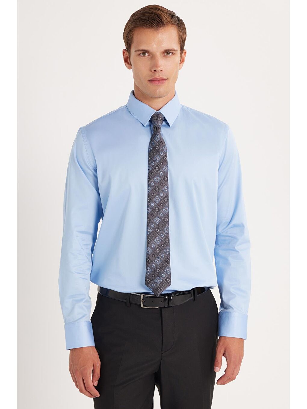 Erkek Slim Fit  Premium Elastanlı Pamuk Saten Mavi Gömlek-3