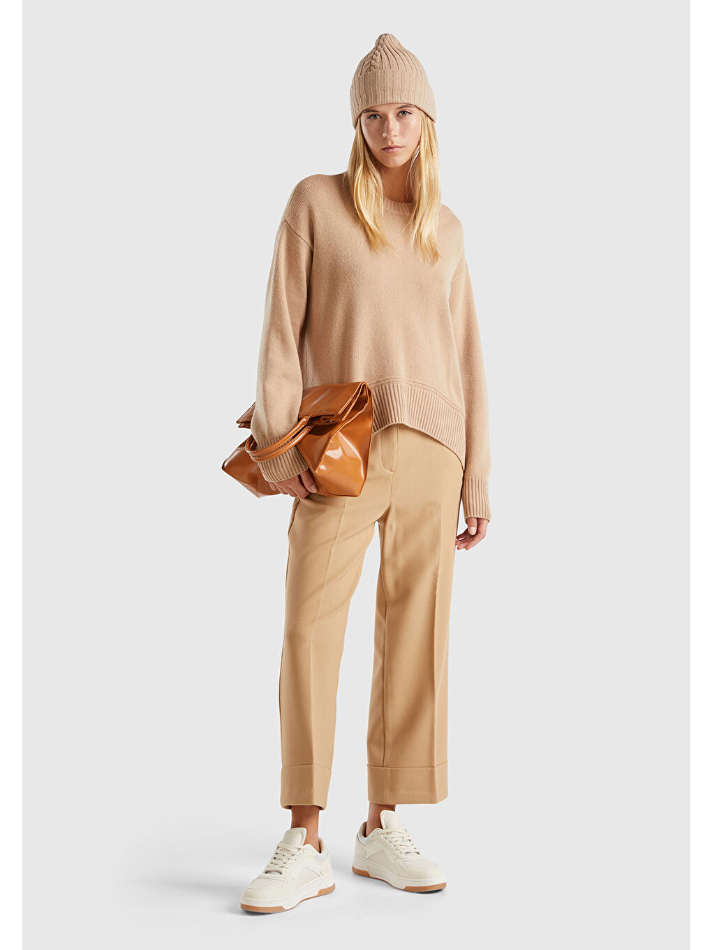 Kadın Açık Kahverengi Yün Karışımlı Alt Kısmı Geniş Bisiklet Yaka Kazak-2