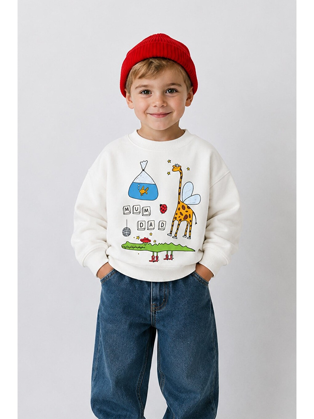 Ekru Erkek Çocuk 3 İplik Kumaş Zürafa Baskılı Pamuklu Sweatshirt