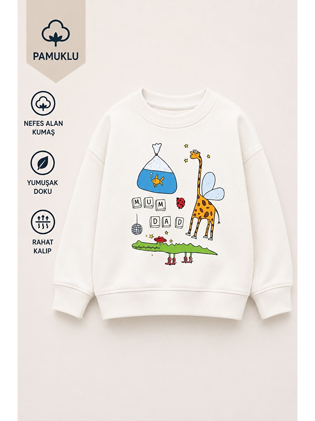 Ekru Erkek Çocuk 3 İplik Kumaş Zürafa Baskılı Pamuklu Sweatshirt-2