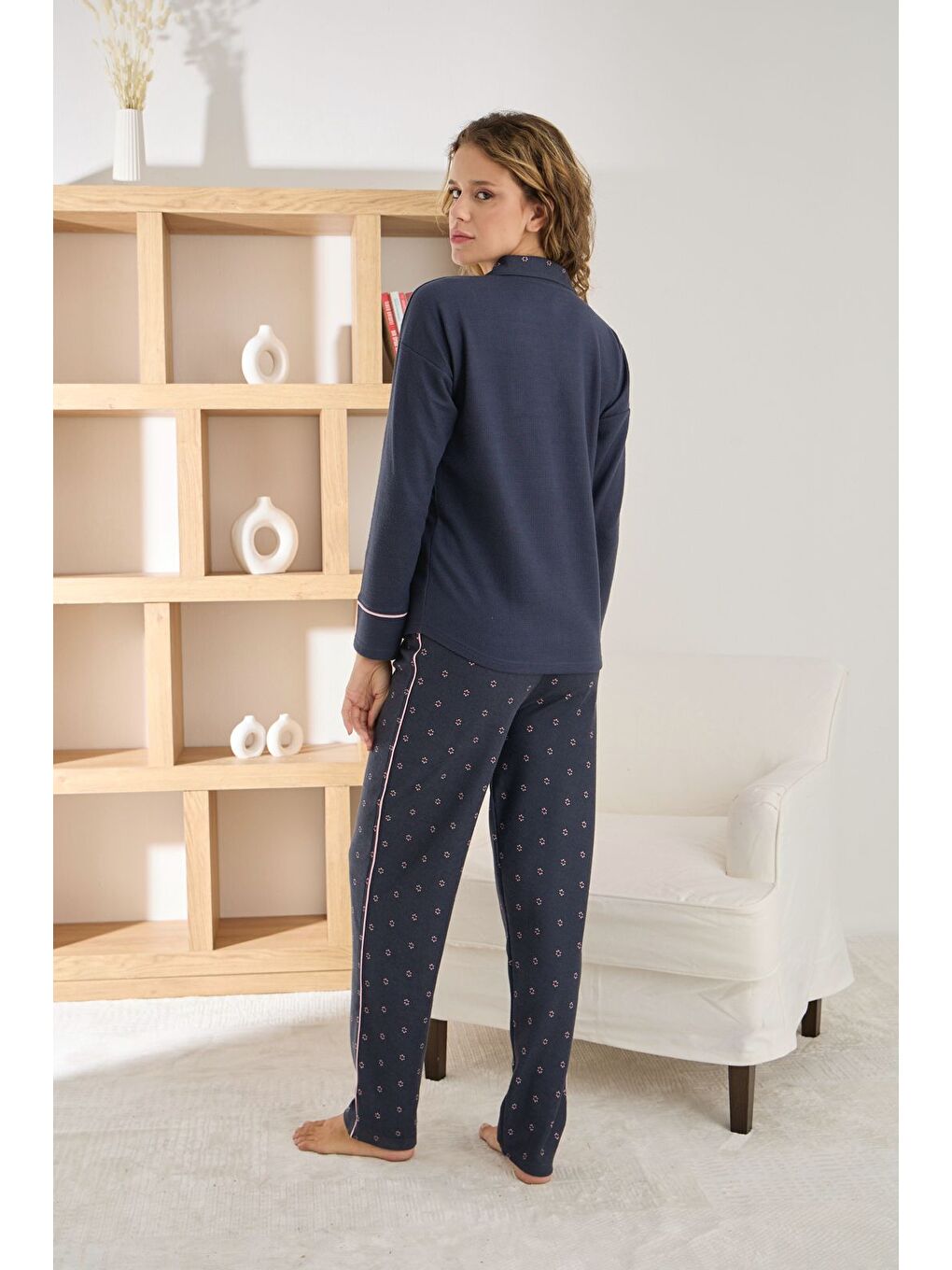 Mavi Kadın Desenli Gömlek Yaka Düğmeli Uzun Kollu Desenli Waffle Kumaş Yüksek Kalite Pijama Takımı-2