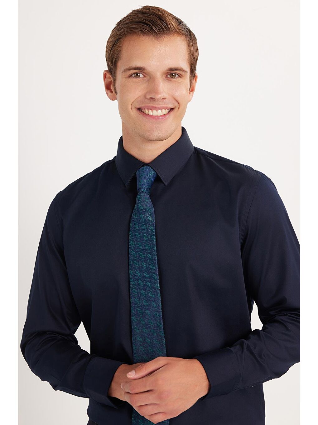 Erkek Slim Fit  Premium Elastanlı Pamuk Saten Lacivert Gömlek-1