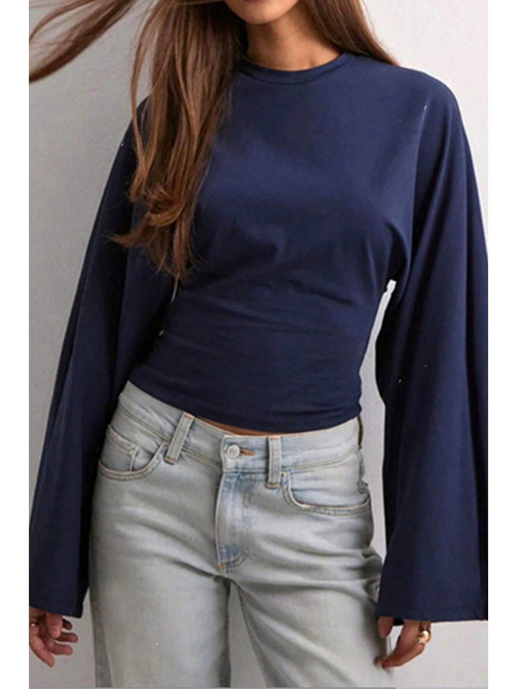 Lacivert Kadın Uzun Kollu Belden Oturtmalı Bluz-1