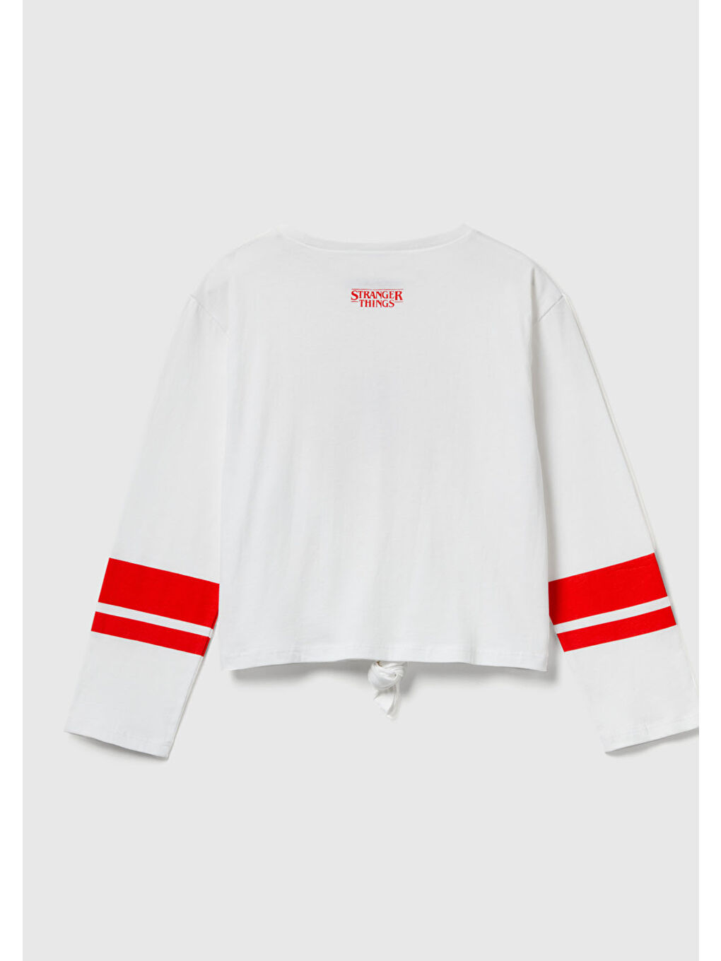 Ekru Kız Çocuk Krem %100 Pamuk Stranger Things Ön Düğüm Detaylı Kol Şerit Baskılı T-Shirt-1