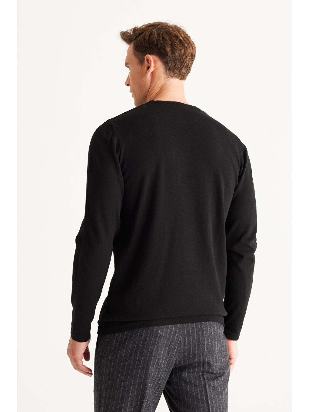 Erkek Siyah Standart Fit Normal Kesim Bisiklet Yaka Triko Kazak-2