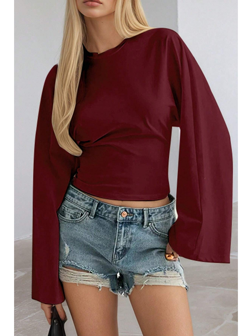 Bordo Kadın Uzun Kollu Belden Oturtmalı Bluz-3
