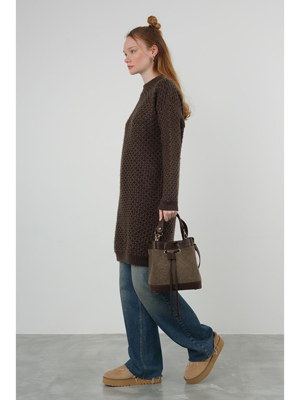 Kahverengi Örümcek Örgülü Kazak Uzun Acı Kahve-1