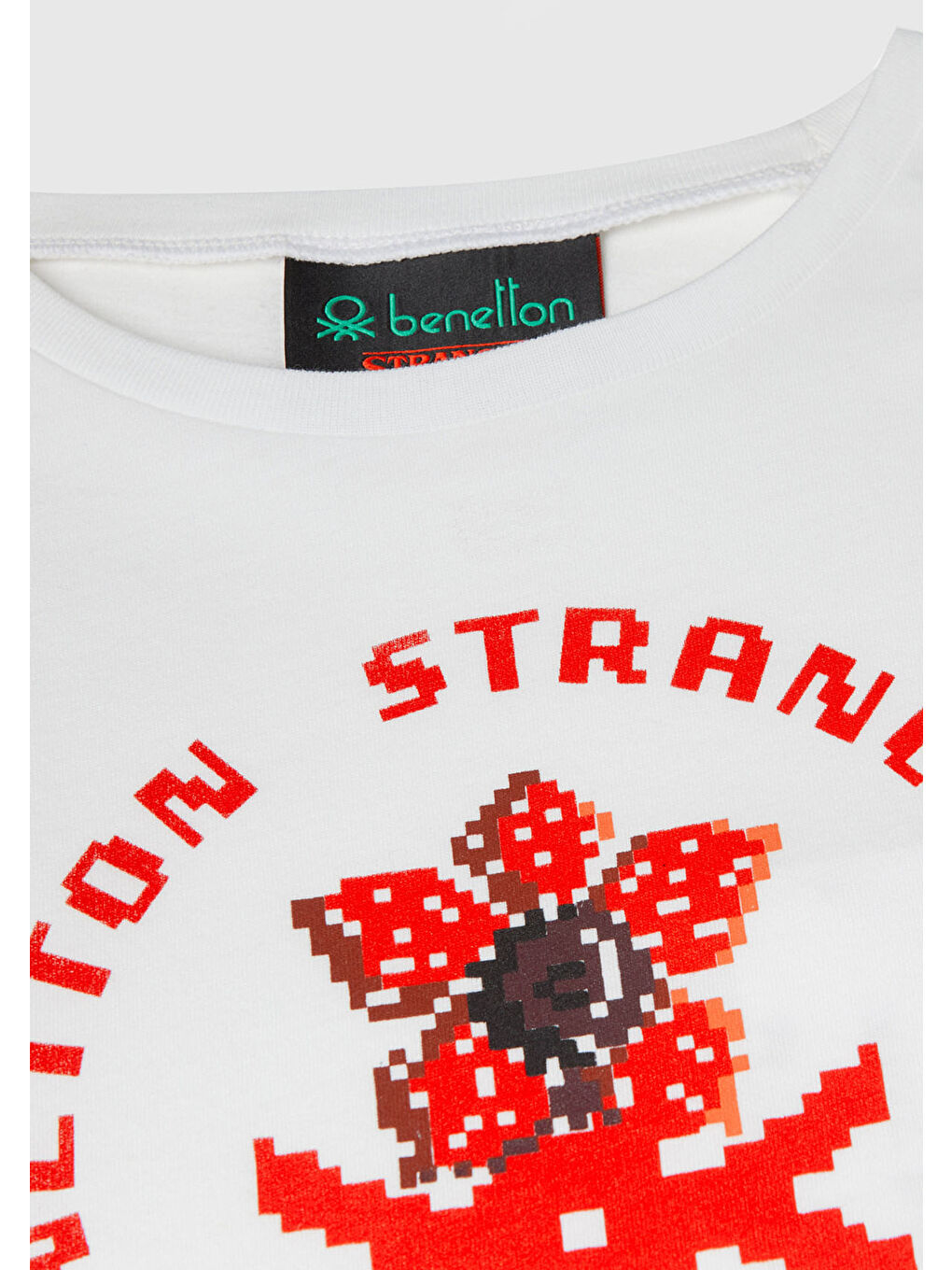 Ekru Kız Çocuk Krem %100 Pamuk Stranger Things Ön Düğüm Detaylı Kol Şerit Baskılı T-Shirt-2