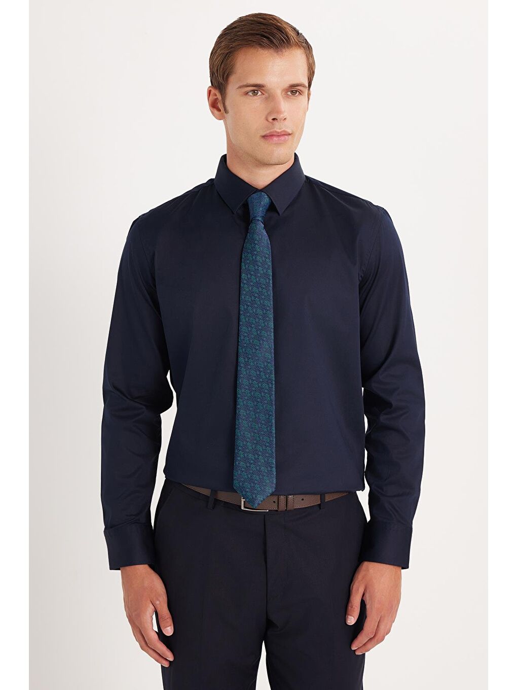 Erkek Slim Fit  Premium Elastanlı Pamuk Saten Lacivert Gömlek-3