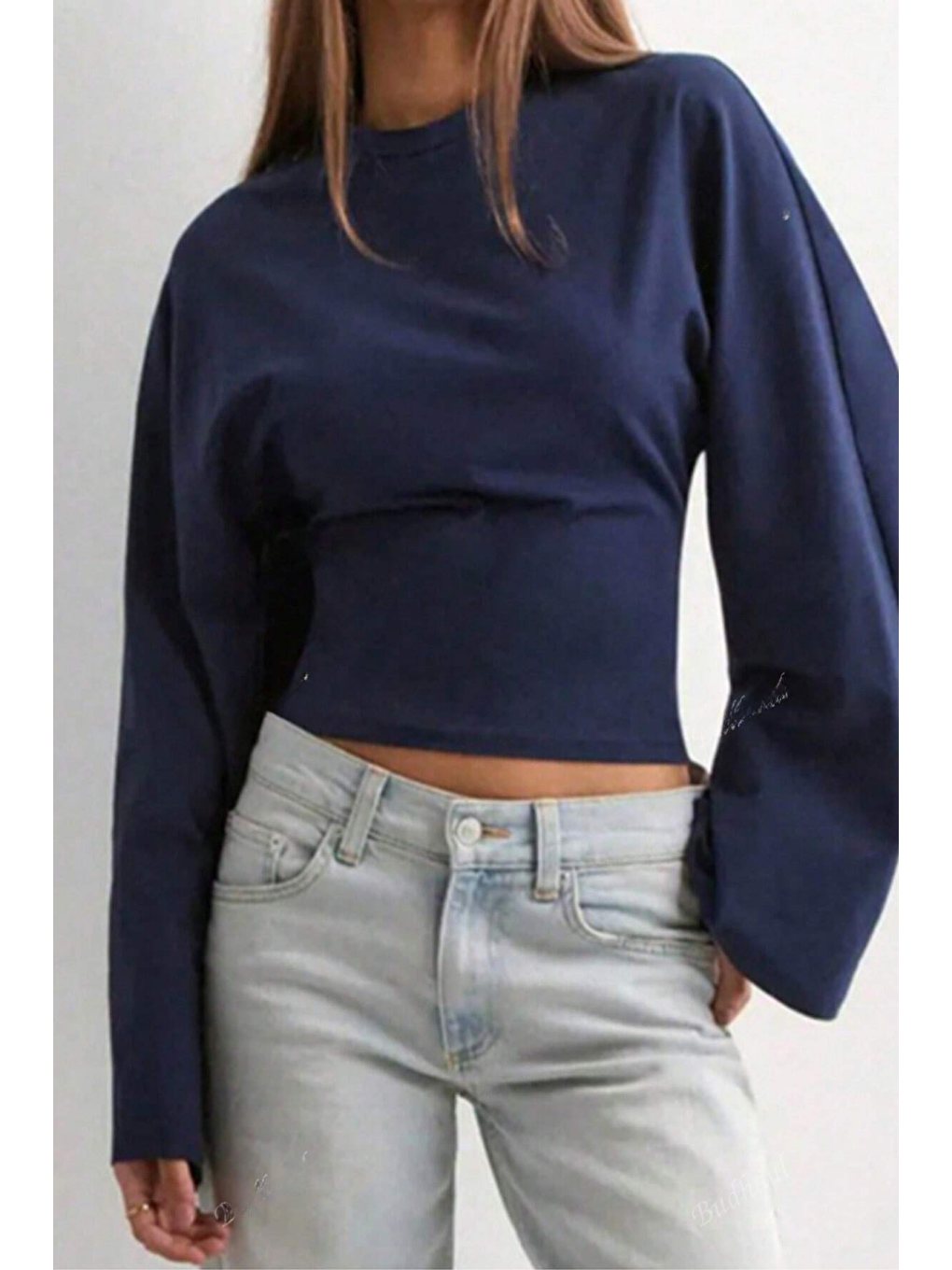 Lacivert Kadın Uzun Kollu Belden Oturtmalı Bluz-2