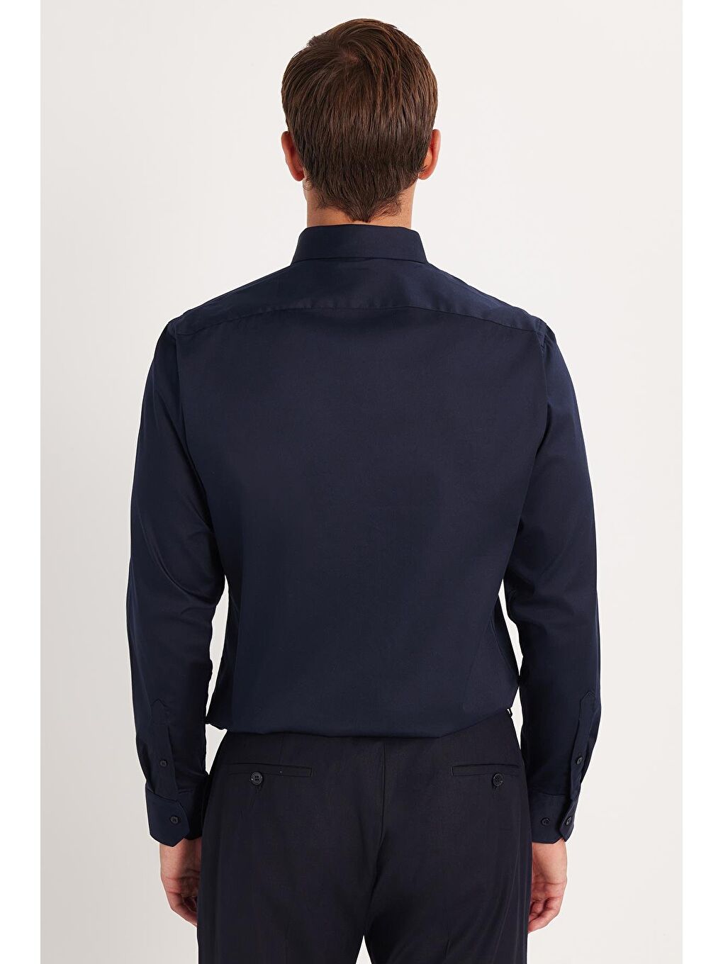 Erkek Slim Fit  Premium Elastanlı Pamuk Saten Lacivert Gömlek-4