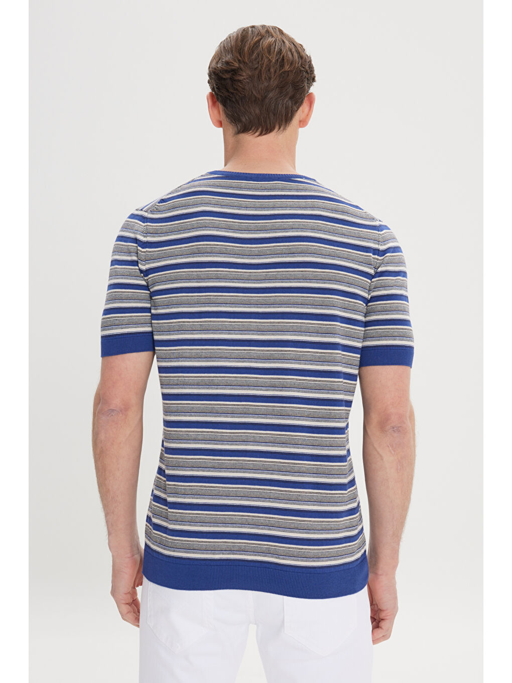 Yeşil Erkek SAKS BEJ Standart Fit Bisiklet Yaka %100 Pamuk Çizgili Triko Tişört-4