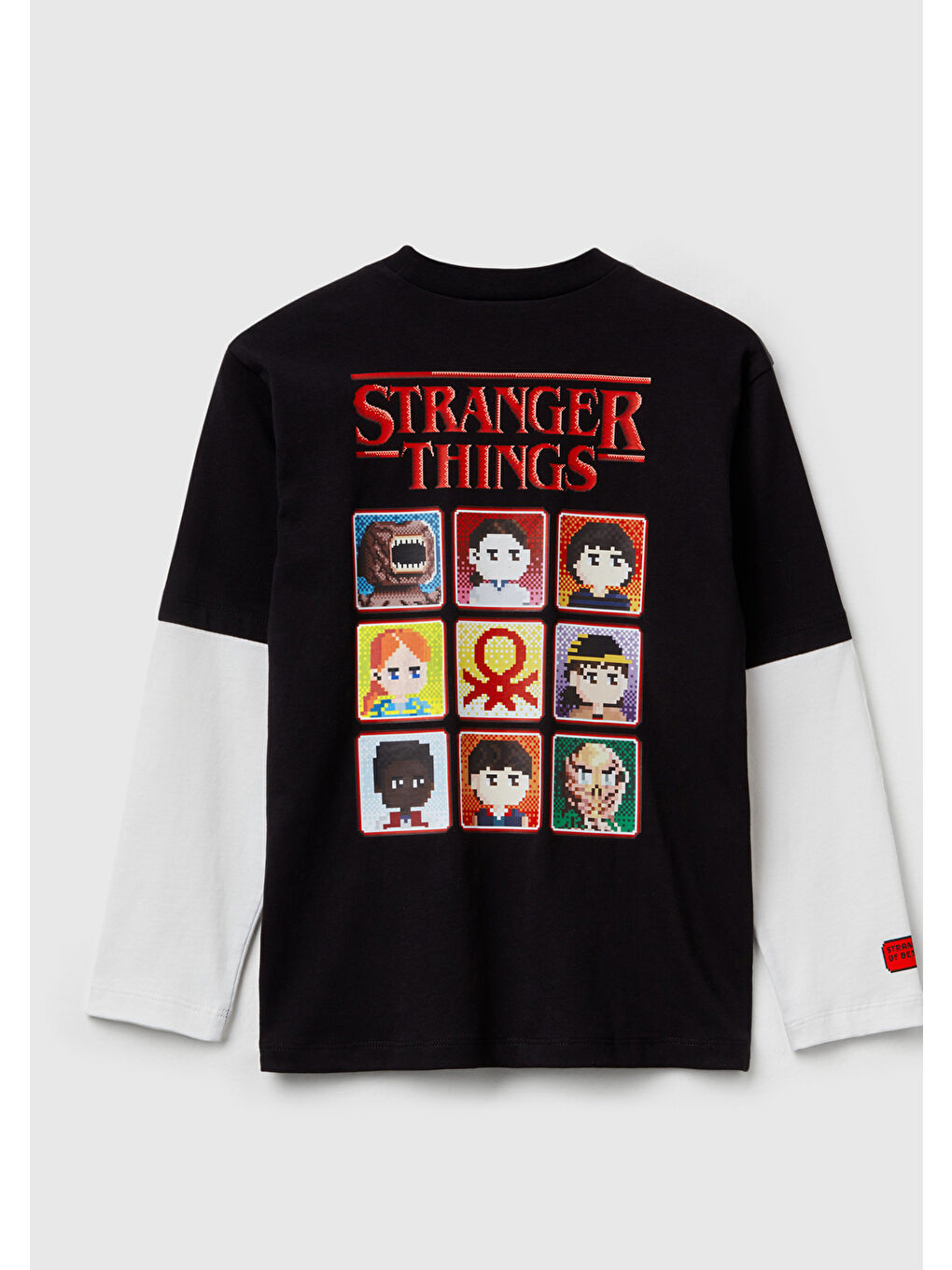 Erkek Çocuk Siyah %100 Pamuk Stranger Things Çift Kollu Baskılı Uzun Kollu T-Shirt-1