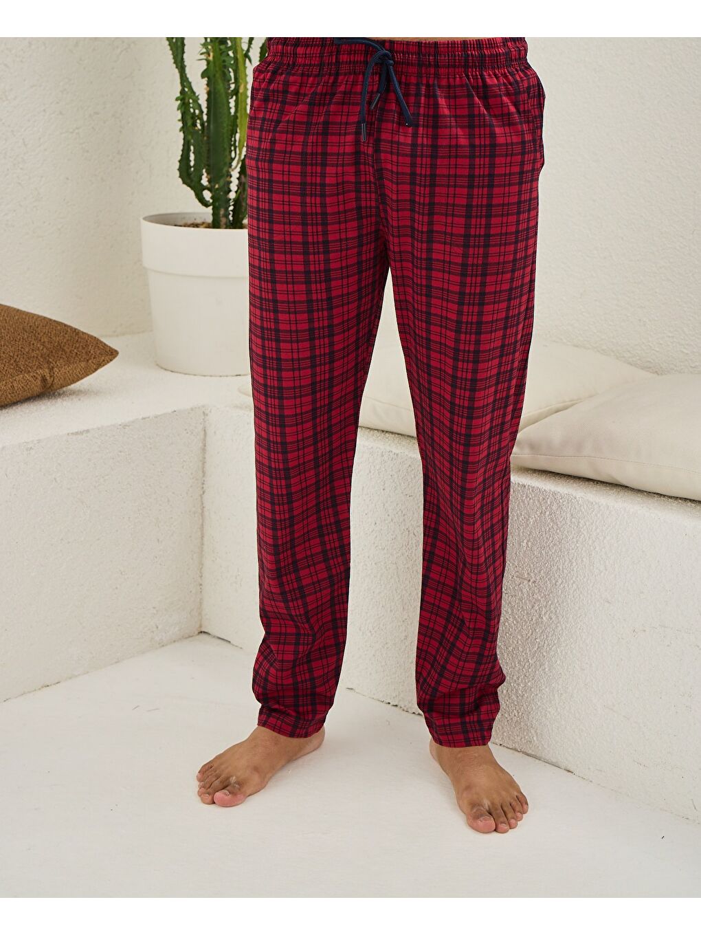 Bordo Erkek Ekose %100 Organik Pamuk Cepli Düz Paça Pijama Altı