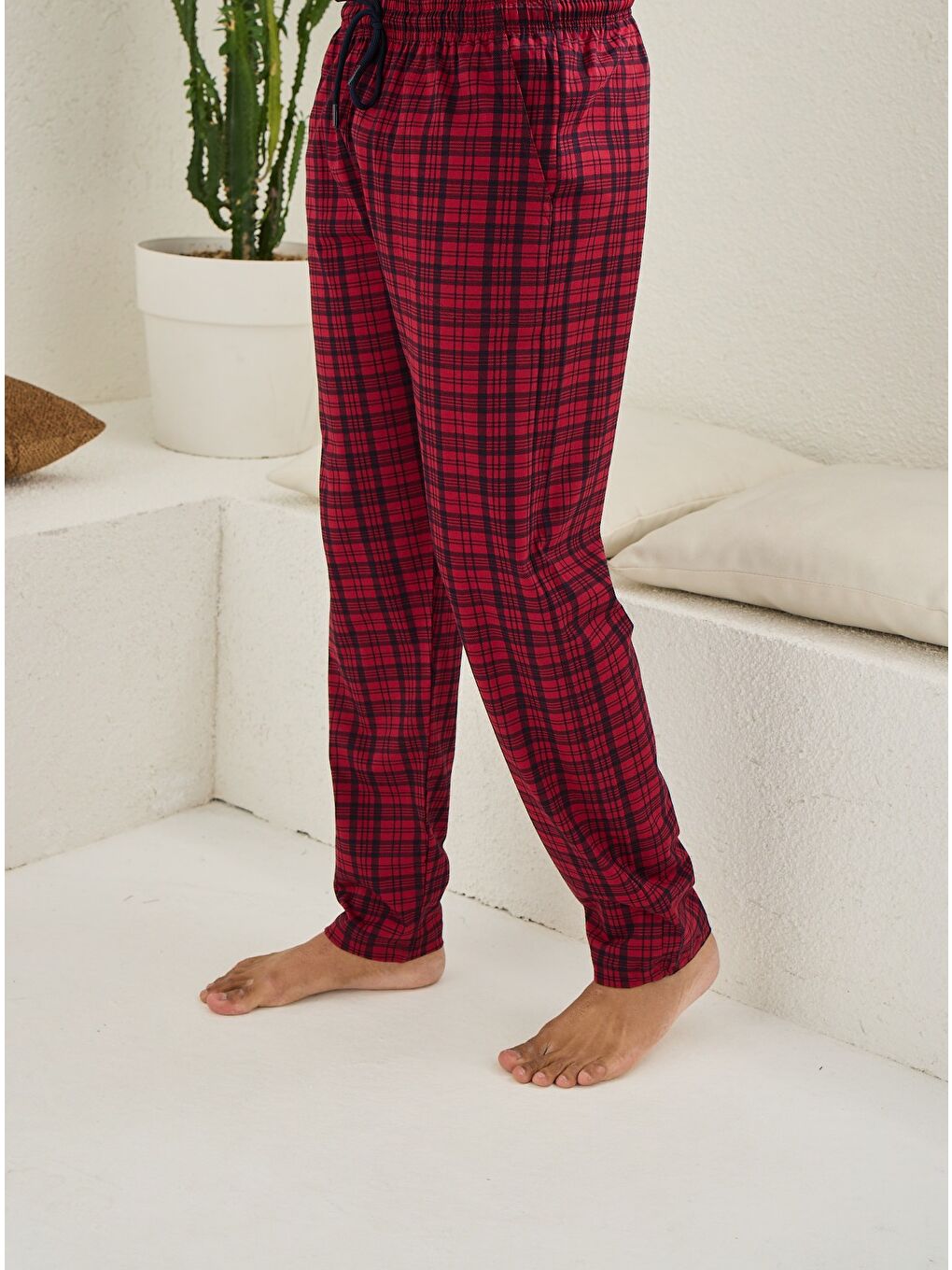 Bordo Erkek Ekose %100 Organik Pamuk Cepli Düz Paça Pijama Altı-2