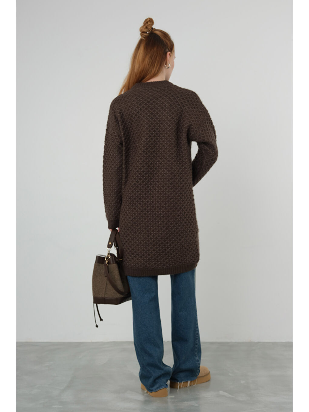 Kahverengi Örümcek Örgülü Kazak Uzun Acı Kahve-2