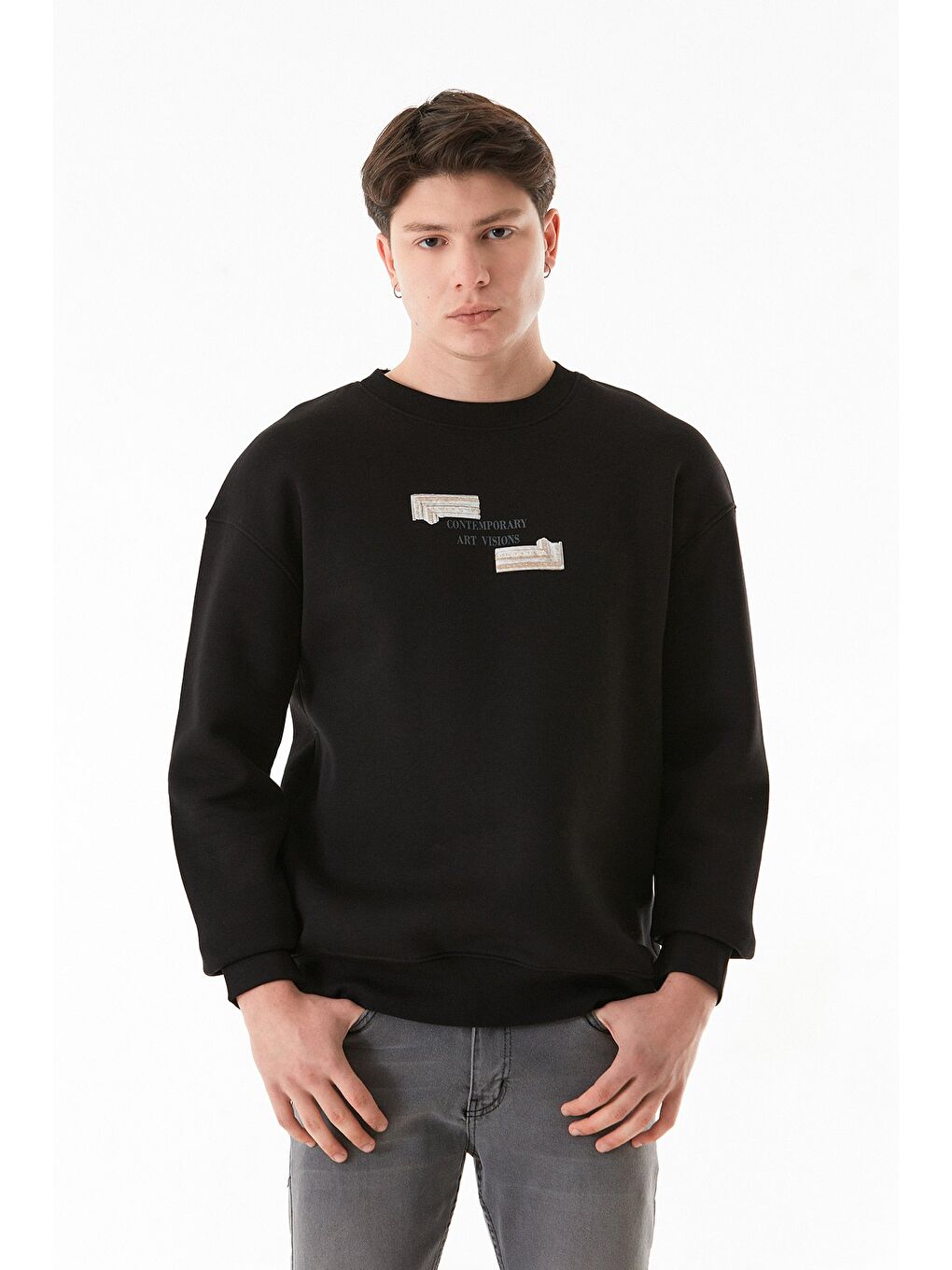 Siyah 3 İplik Kabartma Baskılı Bisiklet Yaka Sweatshirt