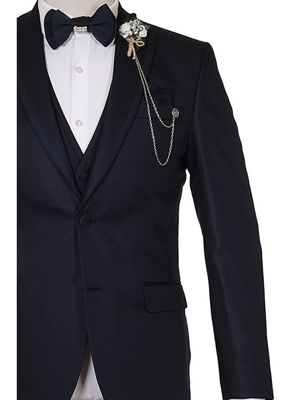 Koyu Lacivert Armürlü Mono Yaka Astarlı Yelekli 6 Drop Slim Fit Smokin Damatlık 1001215300-1