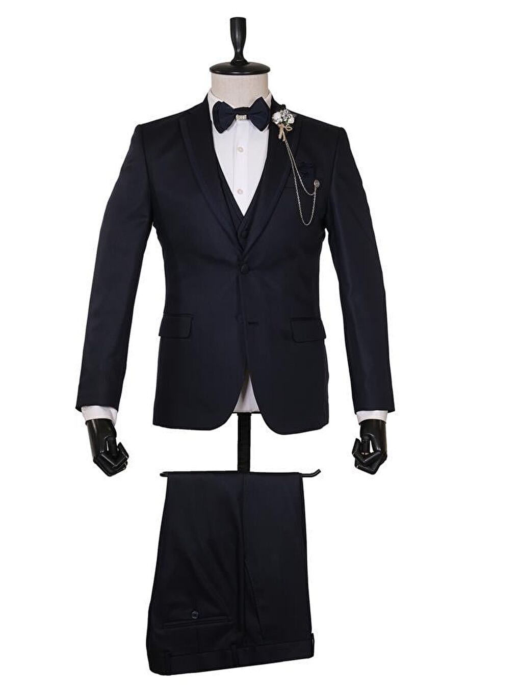 Koyu Lacivert Armürlü Mono Yaka Astarlı Yelekli 6 Drop Slim Fit Smokin Damatlık 1001215300