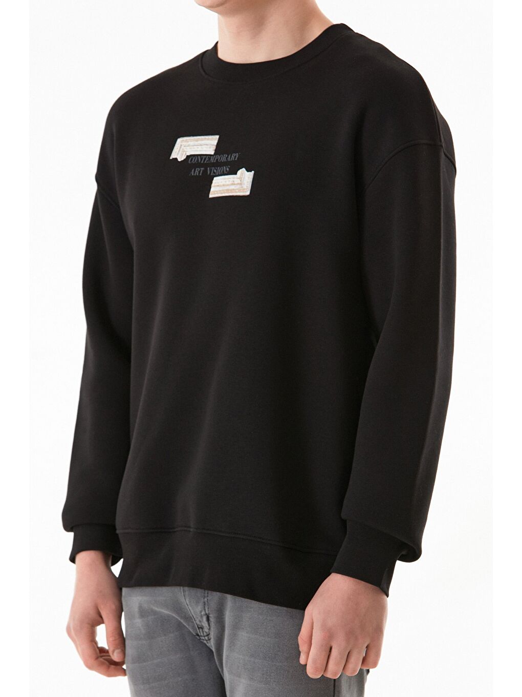 Siyah 3 İplik Kabartma Baskılı Bisiklet Yaka Sweatshirt-4