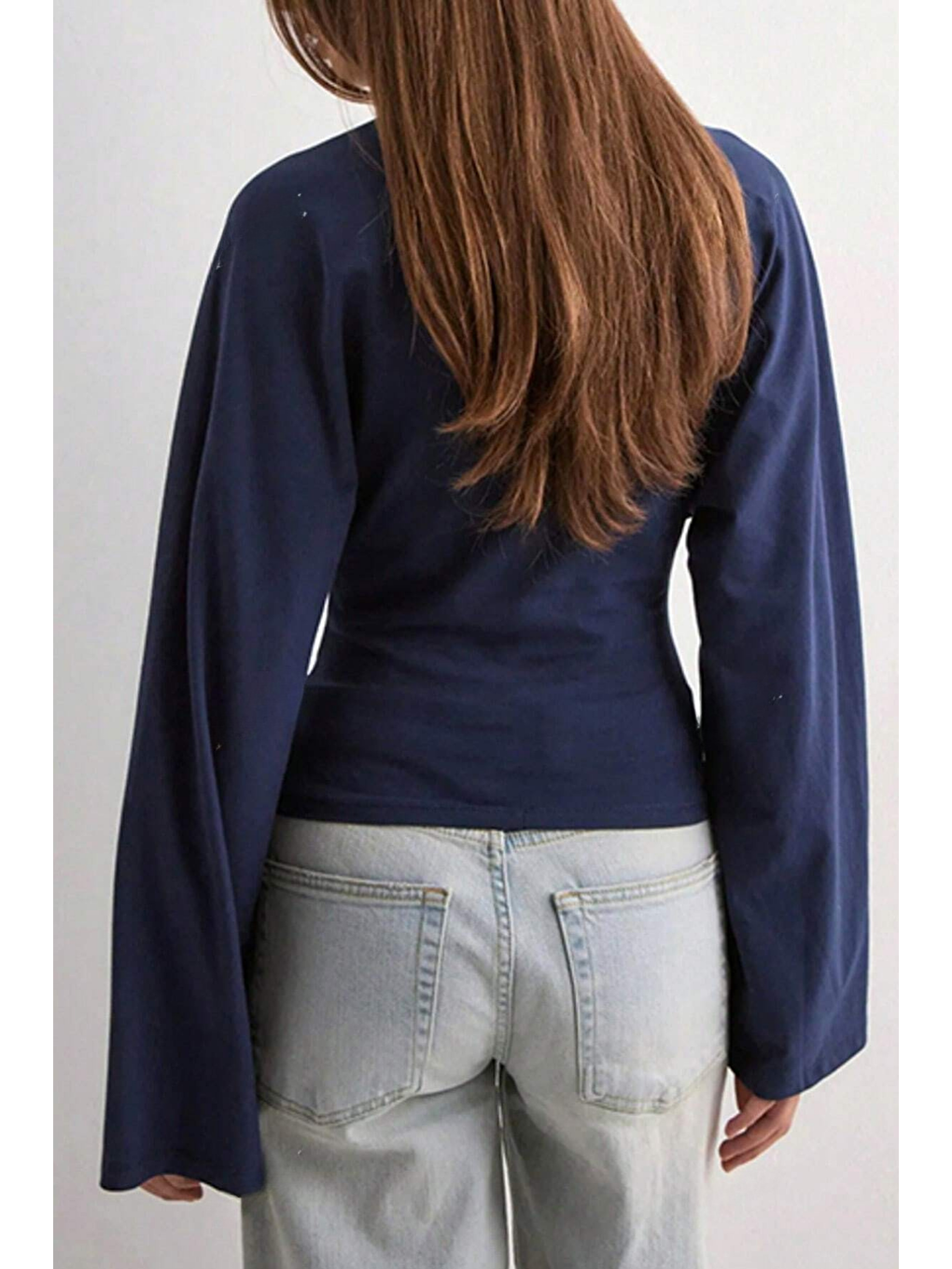 Lacivert Kadın Uzun Kollu Belden Oturtmalı Bluz-3